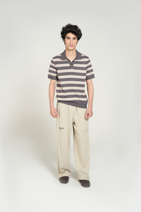 STRIPPED JOHNNY COLLAR KNITTED POLO