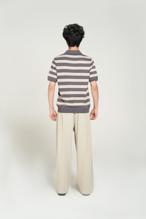 STRIPPED JOHNNY COLLAR KNITTED POLO