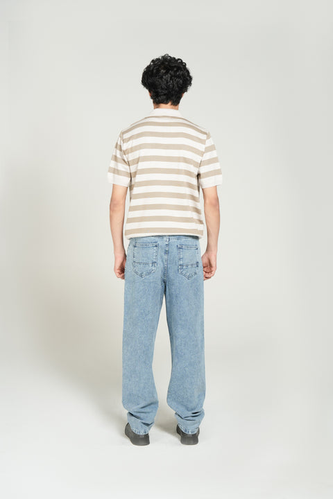 STRIPPED JOHNNY COLLAR KNITTED POLO