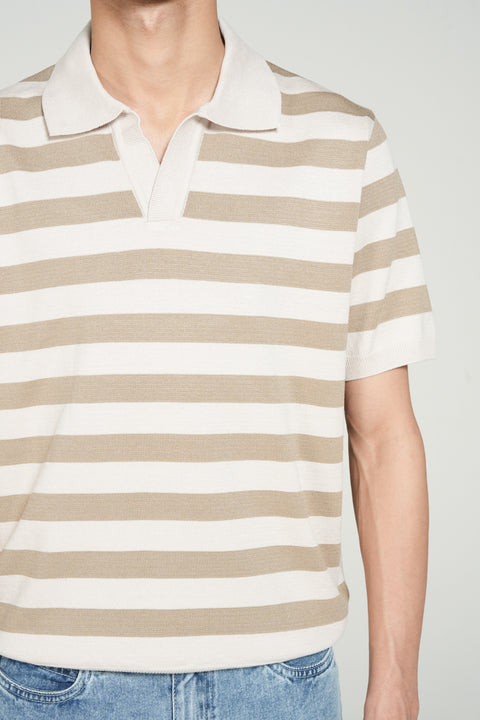 STRIPPED JOHNNY COLLAR KNITTED POLO