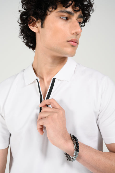 STRETCH TEXTURED ZIP PLACKET POLO
