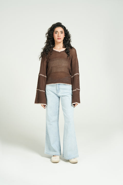CROCHET KNIT TOP WITH BELL SLEEVES