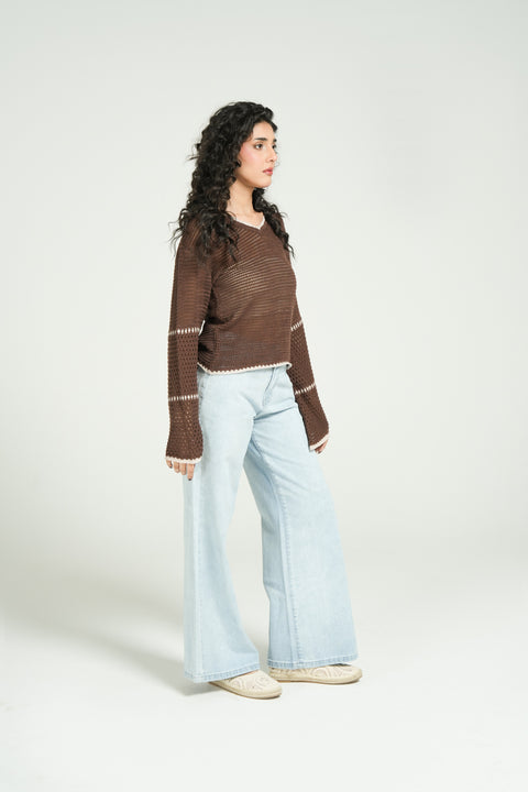 CROCHET KNIT TOP WITH BELL SLEEVES