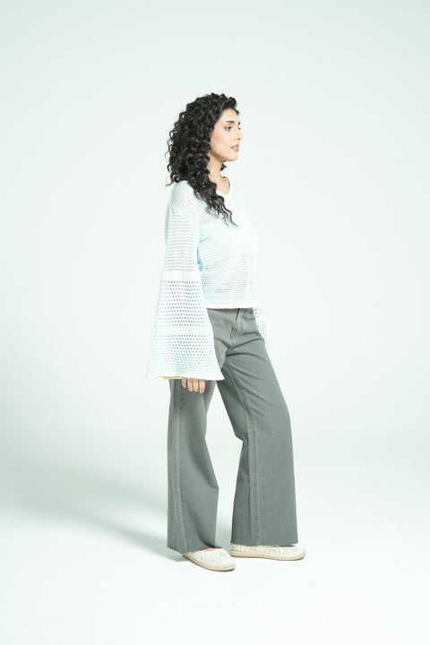 CROCHET KNIT TOP WITH BELL SLEEVES