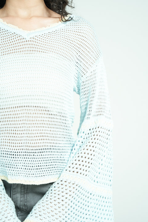 CROCHET KNIT TOP WITH BELL SLEEVES