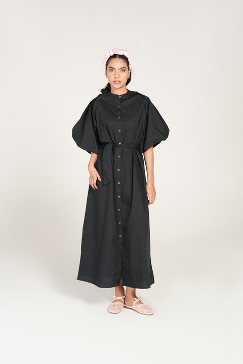 BELTED DRESS WITH PLEATED RAGLAN