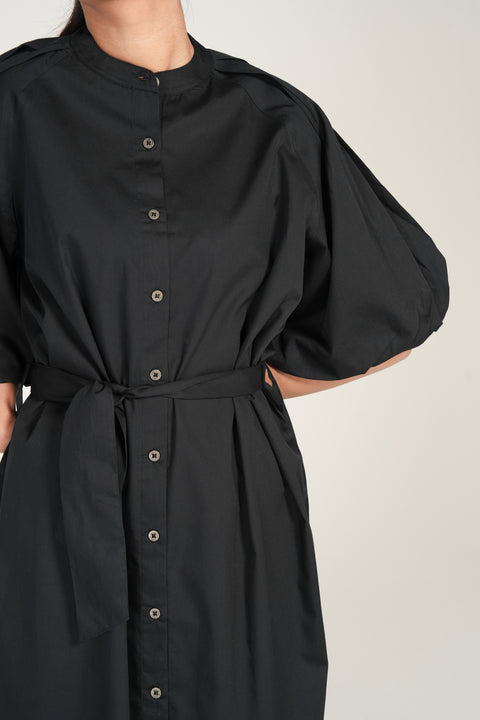 BELTED DRESS WITH PLEATED RAGLAN