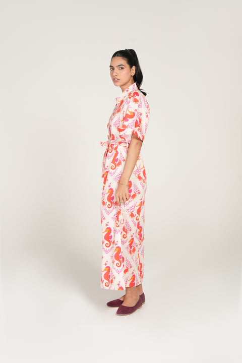 PRINTED DRESS WITH BELT DETAIL