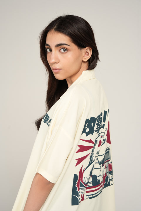 OVERSIZED PRINTED BUTTON DOWN TOP