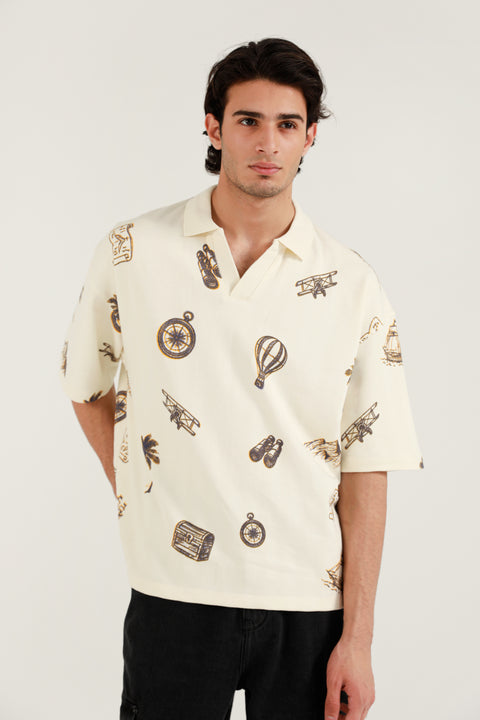 BOXY FIT TEXTURED PRINTED POLO