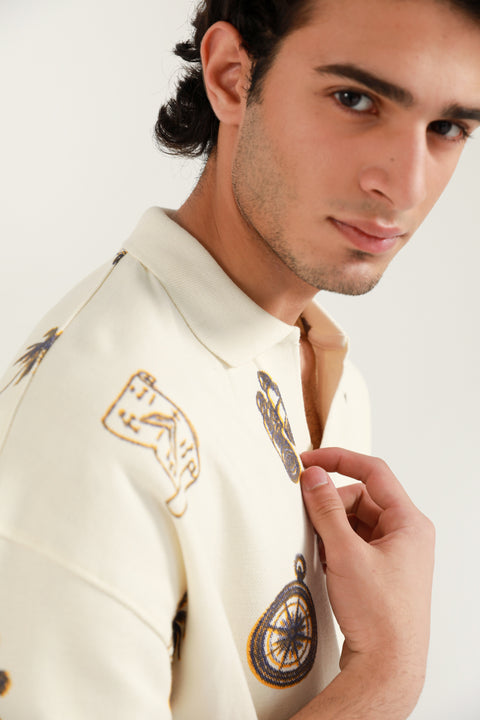BOXY FIT TEXTURED PRINTED POLO