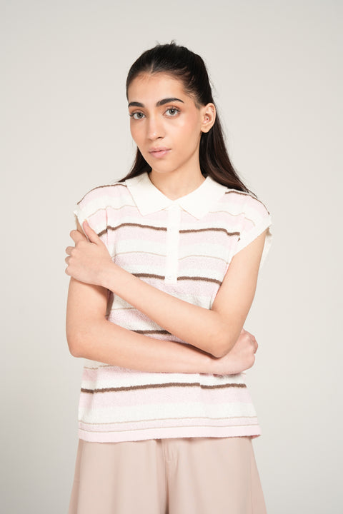 STRIPED POLO KNIT TOP