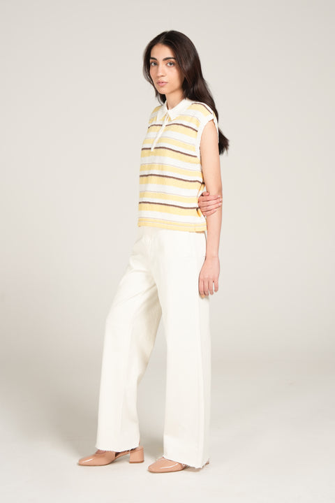 STRIPED POLO KNIT TOP
