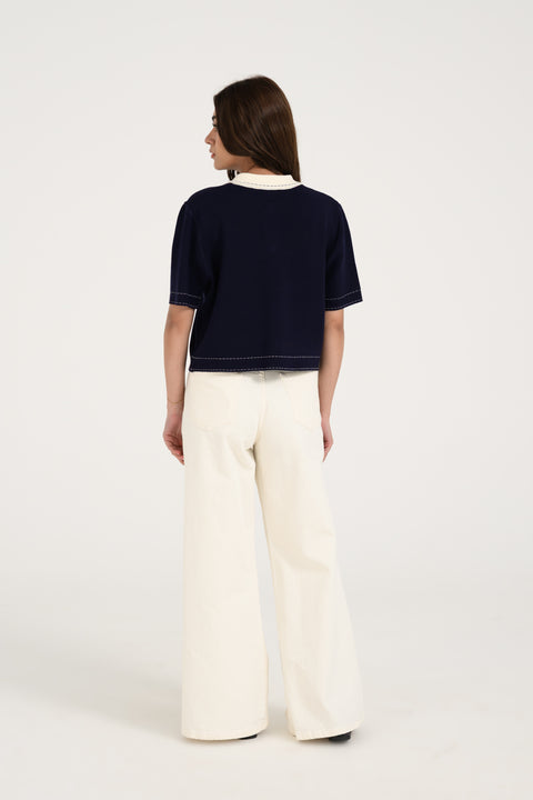 CONTRAST KNIT BUTTON DOWN TOP