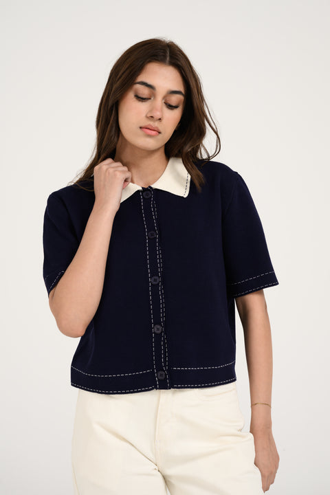 CONTRAST KNIT BUTTON DOWN TOP