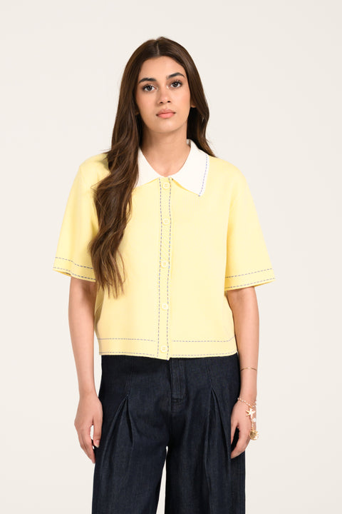 CONTRAST KNIT BUTTON DOWN TOP