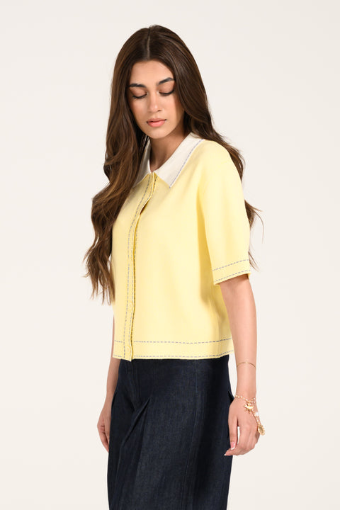 CONTRAST KNIT BUTTON DOWN TOP