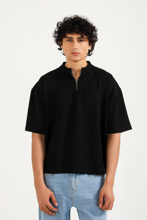 BOXY FIT MOCK NECK ZIP PLACKET POLO