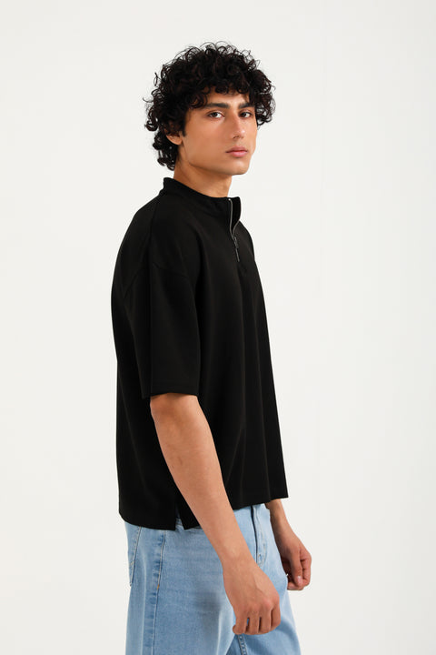 BOXY FIT MOCK NECK ZIP PLACKET POLO