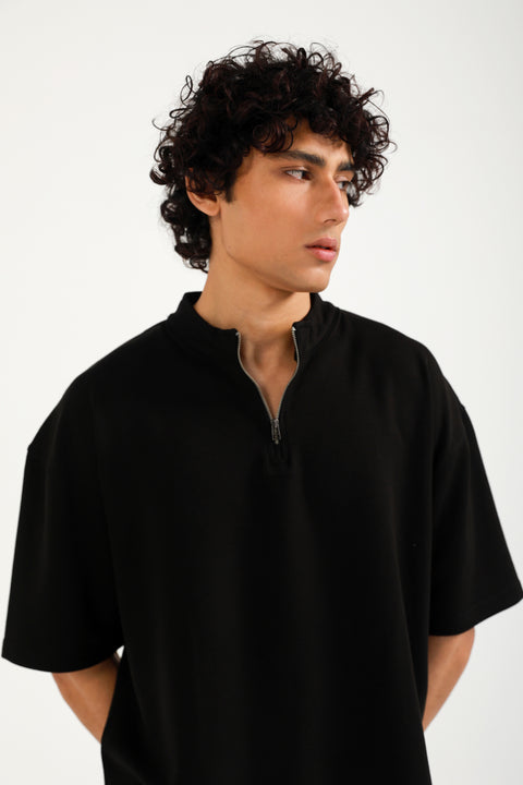 BOXY FIT MOCK NECK ZIP PLACKET POLO