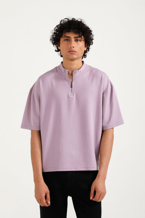 BOXY FIT MOCK NECK ZIP PLACKET POLO