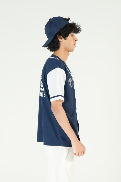 RELAXED FIT MESH BUTTON DOWN BASEBALL JERSEY SHIRT