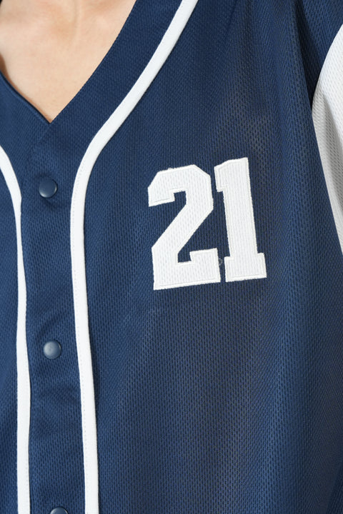 RELAXED FIT MESH BUTTON DOWN BASEBALL JERSEY SHIRT