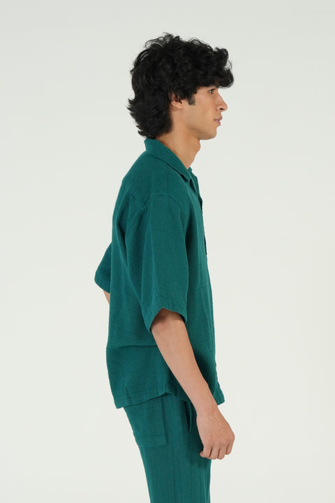 BAGGY FIT TEXTURED RESORT COLLAR SHIRT