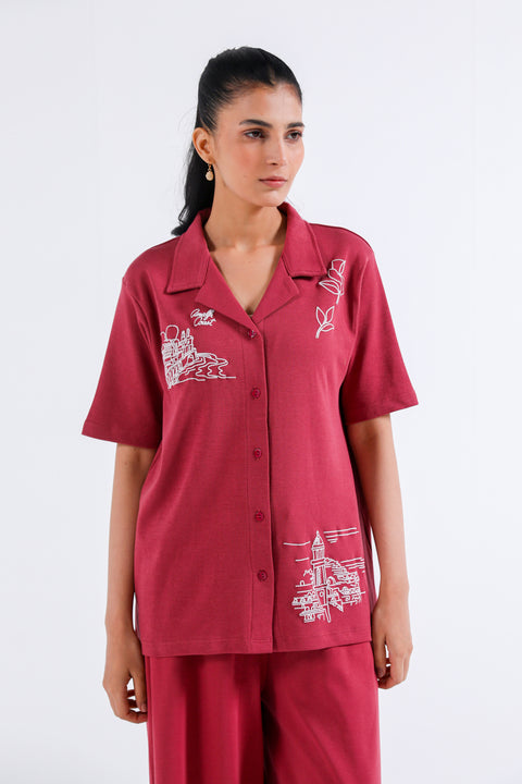GRAPHIC BUTTON DOWN KNIT TOP