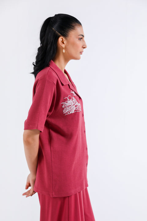 GRAPHIC BUTTON DOWN KNIT TOP