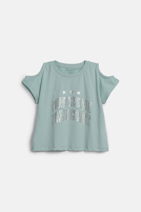 GIRLS COLD SHOULDER FOIL GRAPHIC T-SHIRT