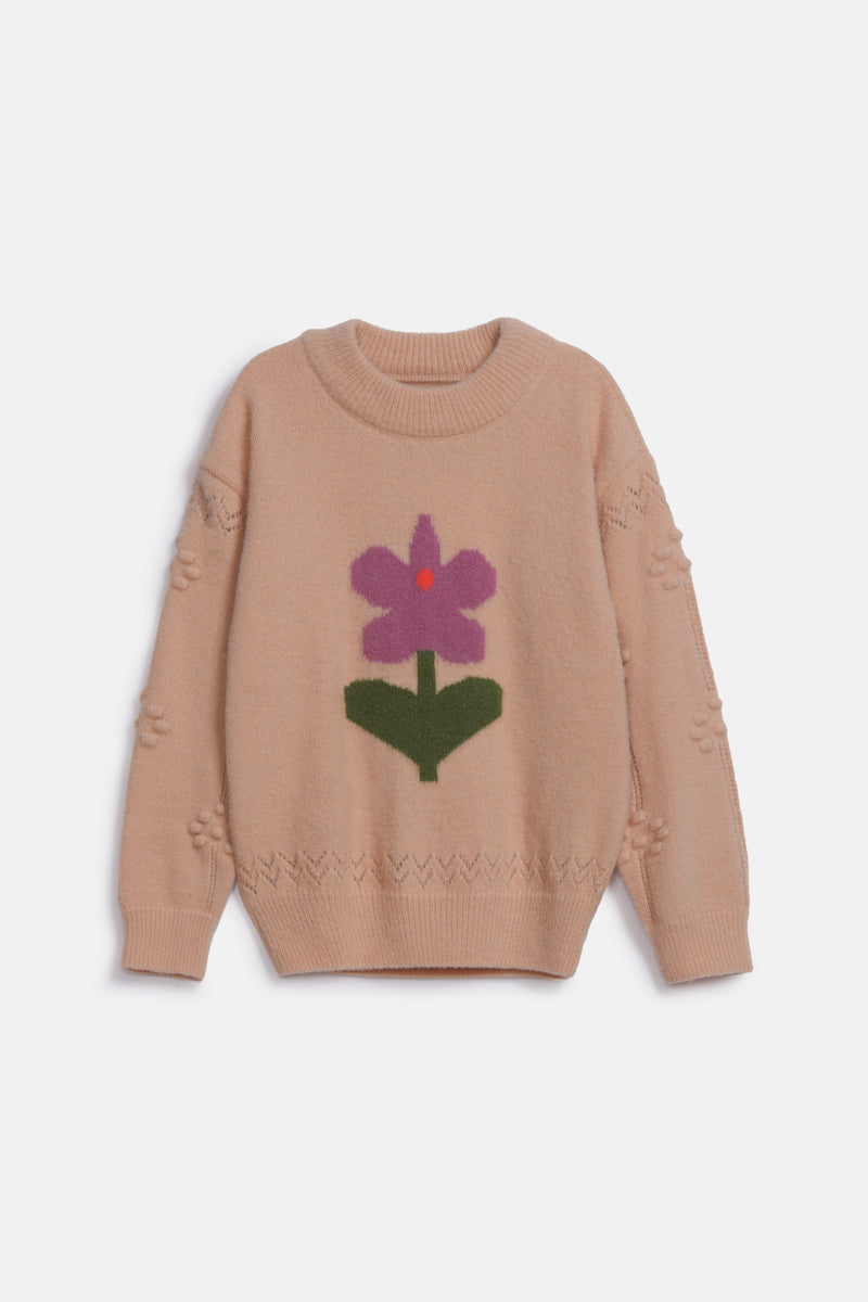 GIRLS CREW NECK FLOWER KNIT SWEATER