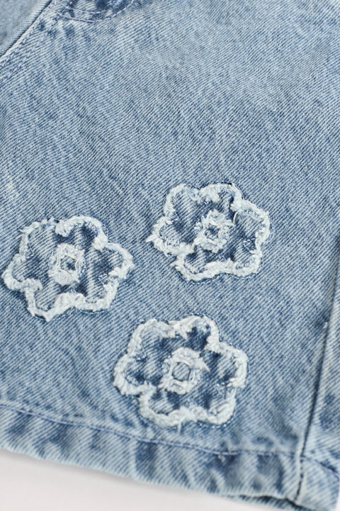 GIRLS FLOWER APPLIQUE DENIM SHORTS