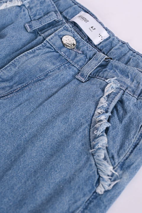 GIRLS LOOSE FRAYED HEM DENIM CAPRI