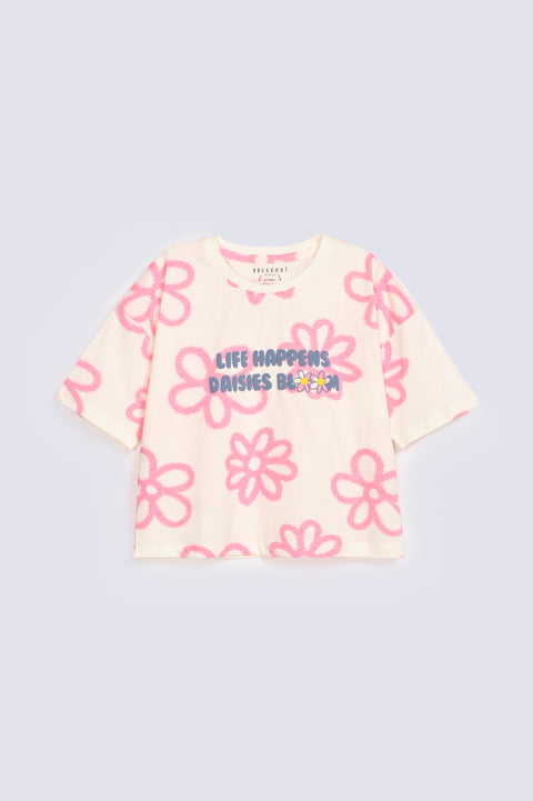 GIRLS BOXY FIT FLORAL PRINTED T-SHIRT